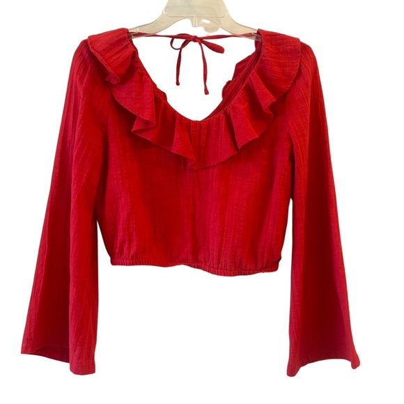 Roxy Red Ruffle Long Wide Sleeves Cropped Elastic Top Small - Picture 1 of 7